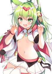 Rule 34 | 1girl, :d, absurdres, animal ear fluff, animal ears, azur lane, bell, breasts, claw pose, commentary request, commission, cowboy shot, crop top, gold trim, green eyes, green hair, hair ornament, hands up, highres, isokaze (azur lane), isokaze (new year&#039;s campaign) (azur lane), jingle bell, long hair, long sleeves, looking at viewer, magatama, magatama necklace, midriff, miniskirt, navel, necklace, nenobi (nenorium), open mouth, pleated skirt, shirt, signature, simple background, skeb commission, skirt, small breasts, smile, solo, stomach, thighhighs, white background, white shirt, white skirt, white thighhighs, wide sleeves, zettai ryouiki
