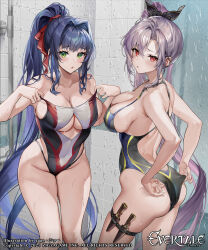 Rule 34 | 2girls, :o, ass, bare shoulders, bathroom, breasts, clarice (evertale), cleavage, collarbone, copyright notice, covered navel, evertale, green eyes, highres, holster, knife sheath, large breasts, long hair, looking at viewer, ludmilla (evertale), multiple girls, one-piece swimsuit, ponytail, purple hair, red eyes, sage joh, sheath, swimsuit, thigh holster, thighs, very long hair, wet, white hair
