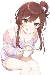 Rule 34 | 1girl, :q, alternate hairstyle, bare legs, blush, breasts, brown eyes, cleavage, coffee, coffee mug, collarbone, cup, feet out of frame, foam, hair bun, hayashi kewi, heart, heart print, highres, holding, holding cup, idolmaster, idolmaster shiny colors, invisible chair, jacket, latte art, long hair, looking at viewer, mug, multicolored clothes, multicolored jacket, osaki amana, purple tank top, red hair, shorts, side bun, simple background, single hair bun, single side bun, sitting, solo, strap slip, swept bangs, tank top, tongue, tongue out, white background