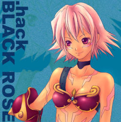 Rule 34 | .hack//, .hack//games, 1girl, bandai, black rose (.hack//), blue background, character name, choker, collarbone, copyright name, cyber connect 2, hack, looking to the side, lowres, pink hair, purple eyes, short hair, smile, solo, tattoo, upper body, zoom layer