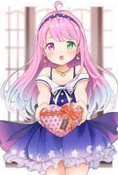 Rule 34 | 1girl, ahoge, bare shoulders, blue dress, blue hairband, border, box, box of chocolates, crescent, crescent earrings, crescent necklace, dress, earrings, frilled dress, frills, gradient hair, green eyes, hairband, heart-shaped box, heterochromia, highres, himemori luna, himemori luna (sundress), hololive, jewelry, light blush, long hair, looking at viewer, lower teeth only, multicolored hair, necklace, off-shoulder dress, off shoulder, official alternate costume, open mouth, pink hair, pov, purple eyes, short dress, siitake hat, star (symbol), star print, straight hair, swept bangs, teeth, valentine, virtual youtuber, white border