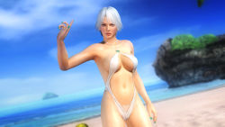 Rule 34 | 1girl, 3d, beach, breasts, christie (doa), dead or alive, dead or alive 5, highres, large breasts, ocean, official art, official wallpaper, solo, swimsuit, tecmo, wallpaper, white hair