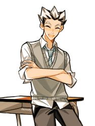 Rule 34 | 1boy, artist name, black hair, black legwear, black pants, blue necktie, bokuto koutarou, claireiosity, closed eyes, collared shirt, crossed arms, desk, eyebrows, grey sweater, haikyuu!!, hair up, highres, leaning, leaning back, leaning on object, male focus, multicolored hair, necktie, open mouth, pale skin, pants, school uniform, shirt, smile, solo, solo focus, spiked hair, striped, striped necktie, sweater, teeth, tongue, twitter username, two-tone hair, watermark, white background, white hair, white shirt