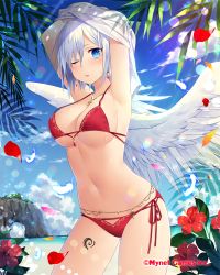 Rule 34 | 1girl, angel wings, armpits, arms up, bikini, blue eyes, blush, breasts, cleavage, company name, cross, cross necklace, day, earrings, falkyrie no monshou, flower, jewelry, large breasts, looking at viewer, natsumekinoko, navel, necklace, official art, one eye closed, outdoors, parted lips, short hair, silver hair, solo, swimsuit, undressing, wings