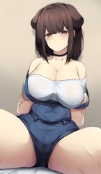 Rule 34 | 1girl, bad id, bad pixiv id, black choker, blue overalls, breasts, brown eyes, brown hair, choker, collarbone, ddangbi, highres, katou megumi, large breasts, off shoulder, original, overall shorts, overalls, shirt, short hair, short sleeves, sitting, solo, spread legs, white shirt