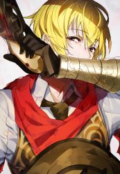 Rule 34 | 1boy, billy the kid (fate), black eyes, black gloves, black necktie, blonde hair, collared shirt, fate/grand order, fate (series), gloves, gun, hand up, holding, holding gun, holding weapon, looking at viewer, male focus, mika pikazo, necktie, red scarf, scarf, shirt, simple background, solo, trigger discipline, weapon, white background, white shirt, wing collar