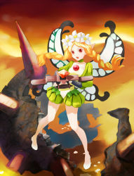 Rule 34 | 1girl, bad id, bad pixiv id, blonde hair, bow (weapon), braid, crossbow, female focus, flying, gradient background, highres, mercedes (odin sphere), mirai denki, odin sphere, puff and slash sleeves, puffy shorts, puffy sleeves, red eyes, shorts, solo, twin braids, weapon, wings
