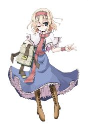 Rule 34 | 1girl, alice margatroid, blonde hair, blue dress, blue eyes, book, boots, capelet, cross-laced footwear, dress, female focus, foreshortening, frills, full body, grimoire, grimoire of alice, hairband, highres, keyhole, lace-up boots, mochiki, no nose, one eye closed, pantyhose, petticoat, short hair, solo, touhou, transparent background, wavy hair, wink, wrist cuffs