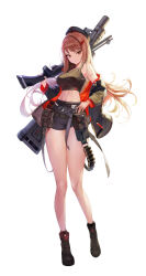 Rule 34 | 1girl, absurdres, bad id, bad pixiv id, bandolier, bare shoulders, belt, beret, black footwear, black hat, black shorts, boots, breasts, brown eyes, brown hair, camisole, combat boots, crop top, grenade launcher, gun, hair ornament, hairclip, hand on own hip, hat, high-waist shorts, highres, holding, holding gun, holding weapon, jacket, long hair, looking at viewer, medium breasts, midriff, navel, open clothes, open jacket, original, over shoulder, short shorts, shorts, shotgun, shotgun shell, simple background, smile, solo, standing, toned, utility belt, weapon, weapon over shoulder, white background, wide sleeves