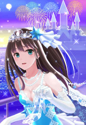 Rule 34 | 10s, 1girl, breasts, brown hair, castle, cleavage, dress, elbow gloves, fireworks, glass slipper, gloves, green eyes, high heels, highres, idolmaster, idolmaster cinderella girls, jewelry, long hair, looking at viewer, necklace, open mouth, saty-rokuji, shibuya rin, solo, tiara
