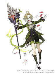 Rule 34 | 1boy, ahoge, ascot, batman (series), card, chain, character pin, cosplay, crossover, dc comics, emil (nier), full body, gloves, green eyes, green hair, highres, holding, holding staff, ji no, joker (dc) (cosplay), makeup, nier (series), official art, pin, pinocchio (sinoalice), playing card, shorts, sinoalice, solo, square enix, staff, tailcoat, teeth, the joker, tongue, tongue out, upper teeth only, white background, white gloves