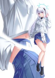 Rule 34 | 1girl, absurdres, black footwear, blue archive, blue halo, blue skirt, blush, boots, braid, cellphone, commentary, grey hair, grey hoodie, hair between eyes, halo, highres, holding, holding phone, hood, hood down, hoodie, long hair, miyako (blue archive), multiple views, navel, one side up, open mouth, phone, pleated skirt, purple eyes, shira jun, simple background, skirt, smartphone, two-tone skirt, white background, white skirt