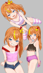 1girl all_fours black_camisole blue_eyes blush breasts brown_hair camisole cutoffs denim denim_shorts fang grey_background grin highres long_hair looking_at_viewer mesugaki midriff multicolored_hair multiple_views navel open_mouth original pink_shirt pink_shorts shirt short_shorts shorts side_ponytail simple_background sitting sleeveless sleeveless_shirt small_breasts smile streaked_hair striped_clothes striped_shirt striped_thighhighs thighhighs thighs unbuttoned zaxwu