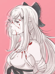 Rule 34 | 1girl, amputee, bandages, bare shoulders, blood, bow, breasts, cleavage, drag-on dragoon, drag-on dragoon 3, flower, flower eyepatch, flower over eye, hair bow, hair ornament, hairpin, koyorin, long hair, monochrome, pink background, pink eyes, profile, simple background, solo, very long hair, zero (drag-on dragoon)