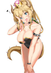 Rule 34 | 1girl, armlet, bent over, black collar, black leotard, blonde hair, blush, bowsette, bracelet, breast press, breasts, collar, covered navel, cowboy shot, earrings, fingernails, gender request, genderswap, head tilt, heart, highres, horns, jewelry, large breasts, leotard, mario (series), new super mario bros. u deluxe, nintendo, pixel (yuxian), pointy ears, sharp fingernails, sharp teeth, simple background, solo, spiked armlet, spiked bracelet, spiked collar, spiked shell, spiked tail, spikes, spoken heart, strapless, strapless leotard, super crown, tail, teeth, thighs, tongue, tongue out, turtle shell