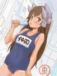 Rule 34 | 1girl, artist logo, blue eyes, brown hair, character name, dutch angle, food, headgear, i-400 (kancolle), kantai collection, long hair, looking at viewer, mushi mushi ex, name tag, one-hour drawing challenge, one-piece tan, popsicle, school swimsuit, solo, swimsuit, tan, tanline, tongue, tongue out