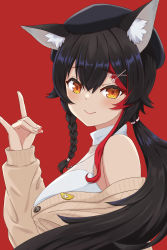 Rule 34 | 1girl, animal ear fluff, animal ears, bare shoulders, black hair, blouse, blush, breasts, brown cardigan, brown eyes, cardigan, closed mouth, from side, hachiman tanuki, hair between eyes, hair ornament, hat, highres, hololive, large breasts, long hair, looking at viewer, looking to the side, multicolored hair, off shoulder, ookami mio, ookami mio (street), ponytail, red background, red hair, shirt, simple background, sleeveless, sleeveless shirt, smile, solo, streaked hair, upper body, virtual youtuber, white shirt, wolf ears, x hair ornament