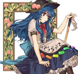 Rule 34 | 1girl, apron, back bow, black hat, blue bow, blue hair, blue skirt, bow, bowtie, breasts, brown footwear, frilled skirt, frills, hat, highres, hinanawi tenshi, holding, holding sword, holding weapon, kozukue (estsuk), leaf hat ornament, long hair, peach hat ornament, puffy short sleeves, puffy sleeves, rainbow order, red bow, red bowtie, red eyes, shirt, short sleeves, sidelocks, simple background, sitting, skirt, small breasts, solo, sun hat, sword, sword of hisou, touhou, very long hair, waist bow, weapon, white apron, white background, white shirt