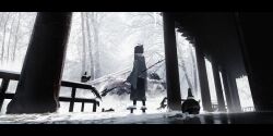 Rule 34 | 1girl, absurdres, architecture, asteroid ill, east asian architecture, from behind, highres, original, scenery, snow, solo, temple, weapon