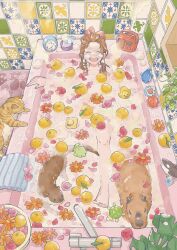 1girl ^_^ animal bath bathing bathroom brown_hair capybara cat clock closed_eyes flower food fruit highres mandarin_orange monstera_deliciosa non417 orange_cat original otter partially_submerged plant smile steam tabby_cat tile_wall tiles towel water