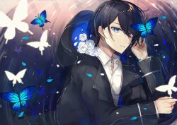 Rule 34 | 1boy, black hair, blue eyes, bug, butterfly, chain necklace, collared shirt, commentary, flower, highres, hood, hooded jacket, ichimishiyu, insect, jacket, jewelry, long sleeves, looking at viewer, lying, male focus, necklace, original, parted lips, petals, ring, ring necklace, ripples, rose, shirt, short hair, solo, water