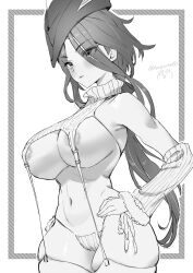Rule 34 | 1girl, alternate costume, areola slip, bare shoulders, bow, breasts, clorinde (genshin impact), closed mouth, detached sleeves, dress, eyes visible through hair, genshin impact, greyscale, hair bow, hair over one eye, hand on own hip, hat, hat feather, highres, large breasts, long hair, looking ahead, meme attire, monochrome, naked sweater, navel, panties, side-tie panties, simple background, sleeveless, sleeveless sweater, sleeveless turtleneck, solo, sukoyaka93, sweater, sweater dress, thighhighs, tricorne, turtleneck, turtleneck sweater, twitter username, underwear, very long hair, virgin destroyer sweater