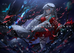 Rule 34 | 1girl, air bubble, arknights, bare shoulders, breasts, bubble, character name, closed mouth, copyright name, detached sleeves, dress, expressionless, feet out of frame, fish, highres, holding, holding staff, large breasts, long hair, long sleeves, looking at viewer, official alternate costume, red dress, red eyes, short dress, silver hair, skadi (arknights), skadi the corrupting heart (arknights), solo, staff, standing, thigh strap, twintails, underwater, very long hair, yuuki mix