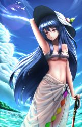 Rule 34 | 1girl, :o, adapted costume, animal, arm up, armpits, bikini, bird, blue hair, blue sky, breasts, cloud, collarbone, colored eyelashes, day, food, fruit, grey hat, hat, hat ornament, highres, hinanawi tenshi, leaf, legs together, light rays, long hair, looking to the side, maitake (maitake1234), medium breasts, navel, ocean, open mouth, outdoors, peach, red eyes, sarong, see-through, sky, solo, stomach, strapless, strapless bikini, summer, sunlight, swimsuit, tassel, touhou, underboob, very long hair, water, white bikini