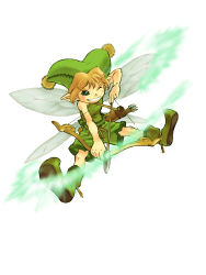 Rule 34 | 00s, 1boy, arrow (projectile), blonde hair, blush stickers, boots, full body, green eyes, grin, hat, highres, inomata mutsumi, legs, looking down, male focus, official art, pointy ears, short hair, shorts, simple background, sleeveless, smile, solo, sylph, sylph (tales), tales of (series), tales of eternia, weapon, wince, wings