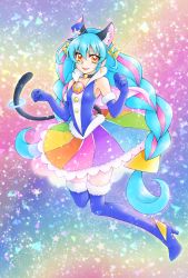 Rule 34 | 1girl, :p, aizen (syoshiyuki), animal ear fluff, animal ears, black choker, blue footwear, blue gloves, blue hair, blue hat, boots, cat ears, cat girl, cat tail, choker, collar, collarbone, cure cosmo, earrings, elbow gloves, floating hair, full body, fur-trimmed boots, fur-trimmed gloves, fur trim, gloves, hair between eyes, hat, high heel boots, high heels, highres, jewelry, long hair, looking at viewer, mini hat, miniskirt, multicolored clothes, multicolored skirt, precure, skirt, solo, star twinkle precure, tail, thigh boots, thighhighs, tongue, tongue out, very long hair, yellow eyes, yuni (precure)