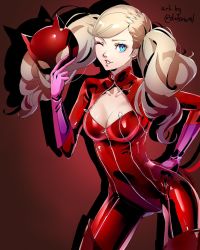 Rule 34 | 1girl, aqua eyes, blonde hair, bodysuit, cleavage cutout, clothing cutout, commission, datcravat, elbow gloves, gloves, gradient background, highres, latex, latex bodysuit, mask, unworn mask, persona, persona 5, takamaki anne, twintails, zipper