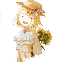 Rule 34 | 1girl, :d, ^ ^, blonde hair, closed eyes, dress, facing viewer, flower, frills, hair ornament, hairclip, hat, highres, holding, holding flower, jewelry, kagamine rin, light blush, manuga (manuga430), necklace, open mouth, project sekai, short hair, simple background, smile, solo, sunflower, the vivid old tale (project sekai), upper body, vocaloid, white background, white dress