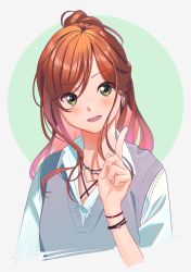 Rule 34 | 1girl, bang dream!, blush, bracelet, brown hair, collared shirt, commentary request, earrings, green eyes, grey sweater vest, grey vest, half updo, hand up, head tilt, heart, heart necklace, highres, imai lisa, index finger raised, jewelry, long hair, nail polish, necklace, open mouth, pink nails, poligon (046), rabbit earrings, shirt, smile, solo, sweater vest, swept bangs, upper body, vest, wavy hair, white shirt