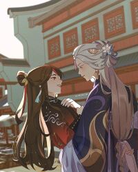 Rule 34 | 2girls, architecture, beidou (genshin impact), blonde hair, brown hair, chinese clothes, colored eyelashes, earrings, east asian architecture, eye contact, genshin impact, hanfu, highres, jewelry, long hair, looking at another, multiple girls, ningguang (genshin impact), onlyou718, outdoors, red eyes, upper body, very long hair, wide sleeves, xiao guan (headdress), yuri