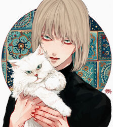 Rule 34 | 1boy, absurdres, animal, black shirt, blonde hair, bob cut, cat, closed mouth, commentary, fingernails, green eyes, highres, holding, holding animal, holding cat, kagoya1219, looking at viewer, male focus, original, outside border, pet, sanpaku, shirt, short hair, signature, solo, straight hair, turtleneck, upper body, white cat