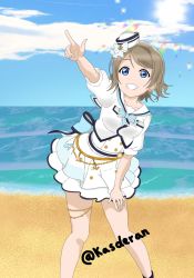 Rule 34 | 1girl, anchor symbol, aqua bow, aqua eyes, artist name, artist request, back bow, bare legs, beach, blue eyes, blue sky, blush, bow, breasts, brown hair, buttons, cloud, collarbone, day, female focus, grey hair, hair between eyes, hand on own knee, hat, highres, light brown hair, looking at viewer, love live!, love live! school idol festival, love live! sunshine!!, mini hat, ocean, outdoors, parted lips, pointing, pointing at viewer, pointing up, puffy short sleeves, puffy sleeves, sailor collar, sailor hat, shirt, short hair, short sleeves, skirt, sky, small breasts, smile, solo, star (symbol), striped, striped bow, watanabe you, white hat, white sailor collar, white shirt, white skirt