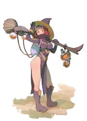Rule 34 | breasts, dress, gloves, goggles, goggles on head, hand up, hat, highres, large breasts, orange eyes, original, over shoulder, pelvic curtain, purple dress, purple footwear, purple gloves, red hair, simple background, solo, standing, timbougami, vial, white background, witch, witch hat