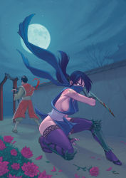 Rule 34 | 1boy, 1girl, areola slip, arm blade, armor, bad deviantart id, bad id, blue hair, breasts, death, full moon, gate, greaves, gsears, hakama, hakama pants, highres, japanese clothes, katana, kimono, lace, lace-trimmed legwear, lace trim, large breasts, legs, long hair, looking back, mask, moon, mouth mask, night, night sky, ninja, ninja mask, nipple slip, nipples, no bra, no panties, no pants, on one knee, original, pants, ponytail, purple thighhighs, red eyes, samurai, sash, scarf, sideboob, sky, sword, tabi, tattoo, thighhighs, thighs, weapon