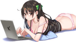 Rule 34 | 1girl, ass, at computer, black hair, bra, breasts, brown eyes, camisole, cleavage, computer, hair between eyes, hair ribbon, highres, laptop, large breasts, long hair, lying, no pants, on stomach, one side up, original, panties, pink bra, pink panties, ribbon, saitou masatsugu, shirt, simple background, smile, solo, strap slip, striped clothes, striped shirt, underwear, white background