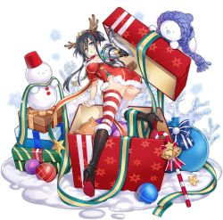 Rule 34 | 1girl, :o, antlers, ark order, artist request, asymmetrical legwear, black footwear, black hair, blue eyes, blue headwear, blue scarf, blush, boots, breasts, candy, candy cane, capelet, christmas, christmas ornaments, deer tail, dress, fake antlers, fake tail, faux figurine, food, full body, fur-trimmed boots, fur-trimmed capelet, fur-trimmed dress, fur trim, gift, high heel boots, high heels, horns, knee boots, large breasts, looking at viewer, mechanical arms, mismatched legwear, nuada (ark order), official art, red capelet, red dress, red headwear, red thighhighs, reindeer antlers, scarf, short dress, short hair with long locks, sidelocks, single mechanical arm, snow, snowflakes, snowman, solo, striped clothes, striped thighhighs, tail, thighhighs, transparent background, underbutt, white thighhighs