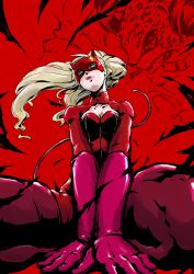 Rule 34 | 10s, 1girl, blonde hair, blue eyes, bodysuit, boots, breasts, cleavage cutout, clothing cutout, gloves, high heel boots, high heels, highres, long hair, looking at viewer, mask, persona, persona 5, seiza, sitting, solo, takamaki anne, thigh boots, thighhighs, twintails, yoruhasu gekkei