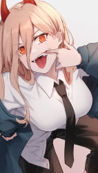 Rule 34 | 1girl, absurdres, breasts, chainsaw man, cross-shaped pupils, gya (144), hair between eyes, highres, horns, jacket, large breasts, long hair, long sleeves, looking at viewer, necktie, open mouth, orange eyes, power (chainsaw man), red horns, sharp teeth, shirt, solo, symbol-shaped pupils, teeth, tongue, white background, white shirt
