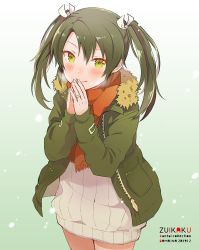 Rule 34 | 1girl, alternate costume, anbutter siruko, blush, character name, cowboy shot, dark green hair, from above, fur-trimmed jacket, fur trim, green eyes, green jacket, hair between eyes, hair ribbon, jacket, jewelry, kantai collection, long hair, looking at viewer, orange sweater, ribbed sweater, ribbon, ring, simple background, smile, solo, sweater, twintails, wedding band, white background, white ribbon, white sweater, zuikaku (kancolle)