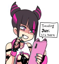 Rule 34 | 1girl, aqua eyes, aqua nails, black hair, bracelet, cellphone, collar, commentary request, english text, eye (mememem), eyes visible through hair, fingerless gloves, gloves, grin, hair over one eye, han juri, heterochromia, highres, holding, holding phone, jewelry, multicolored hair, phone, pink eyes, pink hair, smartphone, smartphone case, smile, solo, spiked bracelet, spiked collar, spikes, streaked hair, street fighter, street fighter 6, toothpick, two-tone hair, upper body