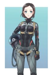 Rule 34 | 1girl, ace combat, ace combat 7: skies unknown, alma a shilage, aqua background, blue eyes, bodysuit, breasts, brown hair, buckle, cable, child, harness, holding, looking at viewer, mask, oxygen mask, parted lips, pilot, pilot helmet, pilot suit, short hair, small breasts, takato15 c, tube