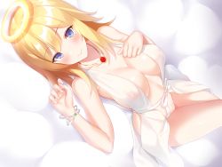 Rule 34 | 1girl, angel, bad id, bad pixiv id, blonde hair, blue eyes, blush, bracelet, breasts, center opening, cloud, cocona, dress, halo, hand on own chest, highres, jewelry, large breasts, looking at viewer, lying, mole, mole under eye, navel, necklace, no bra, no panties, on back, original, revealing clothes, smile, solo, upside-down, white dress