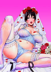 Rule 34 | 1girl, bed sheet, black hair, breasts, chain, covered erect nipples, dress, earrings, flower, gloves, green eyes, highres, jewelry, lingerie, lipstick, makeup, mole, nipples, panties, rose, see-through, short hair, solo, thighhighs, torn clothes, torn thighhighs, transparent, underwear, wedding dress, white gloves, white thighhighs, yamashita shun&#039;ya