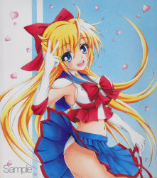 Rule 34 | 1990s (style), 1girl, aino minako, bishoujo senshi sailor moon, blonde hair, blue eyes, blue sailor collar, bow, clothes lift, crop top, crop top overhang, gloves, long hair, looking at viewer, magical girl, midriff, munmu, navel, open mouth, panties, pantyshot, red bow, retro artstyle, sailor collar, sailor v, skirt, skirt lift, smile, solo, underwear, upskirt, very long hair, white gloves, wind, wind lift