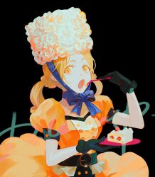 Rule 34 | 1girl, belt, black background, black gloves, blonde hair, blue ribbon, cake, cake slice, dekooop, dress, eating, food, fork, gloves, hat, holding, holding fork, holding plate, lolita fashion, looking at viewer, low twintails, medium hair, open mouth, orange dress, original, pale skin, parted bangs, plate, ribbon, short sleeves, simple background, solo, twintails, upper body, yellow eyes