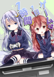 Rule 34 | 10s, 2girls, :o, ahoge, between legs, black socks, blue eyes, blush, cable, commentary request, controller, crescent, crescent hair ornament, dualshock, frilled skirt, frills, game controller, gamepad, goji (8jikan roudou), hair between eyes, hair ornament, hair ribbon, half-closed eyes, hand between legs, highres, kantai collection, kneehighs, knees together feet apart, long hair, long sleeves, multiple girls, open mouth, playstation controller, pleated skirt, purple hair, red eyes, red hair, ribbon, school uniform, serafuku, short hair, short hair with long locks, sitting, skirt, socks, television, translation request, uzuki (kancolle), v arms, very long hair, wariza, yayoi (kancolle)
